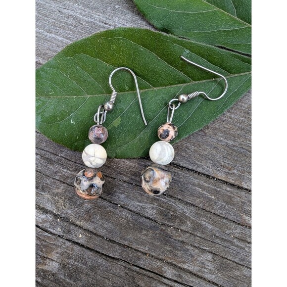 Vintage Leopard Skin Jasper Stone Dangle Earrings - Picture 1 of 10